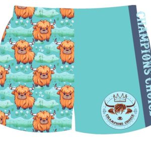 Teal Cow Print Footy Shorts- Adults